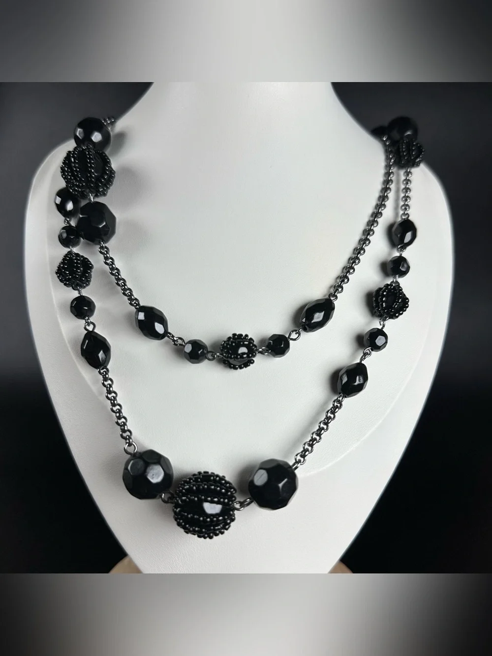 Avon Black Faceted & Textured Bead Layered Necklace